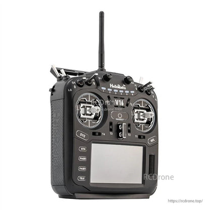 V16R transmitter angled front view from left side, showing gimbals, antenna, and button column