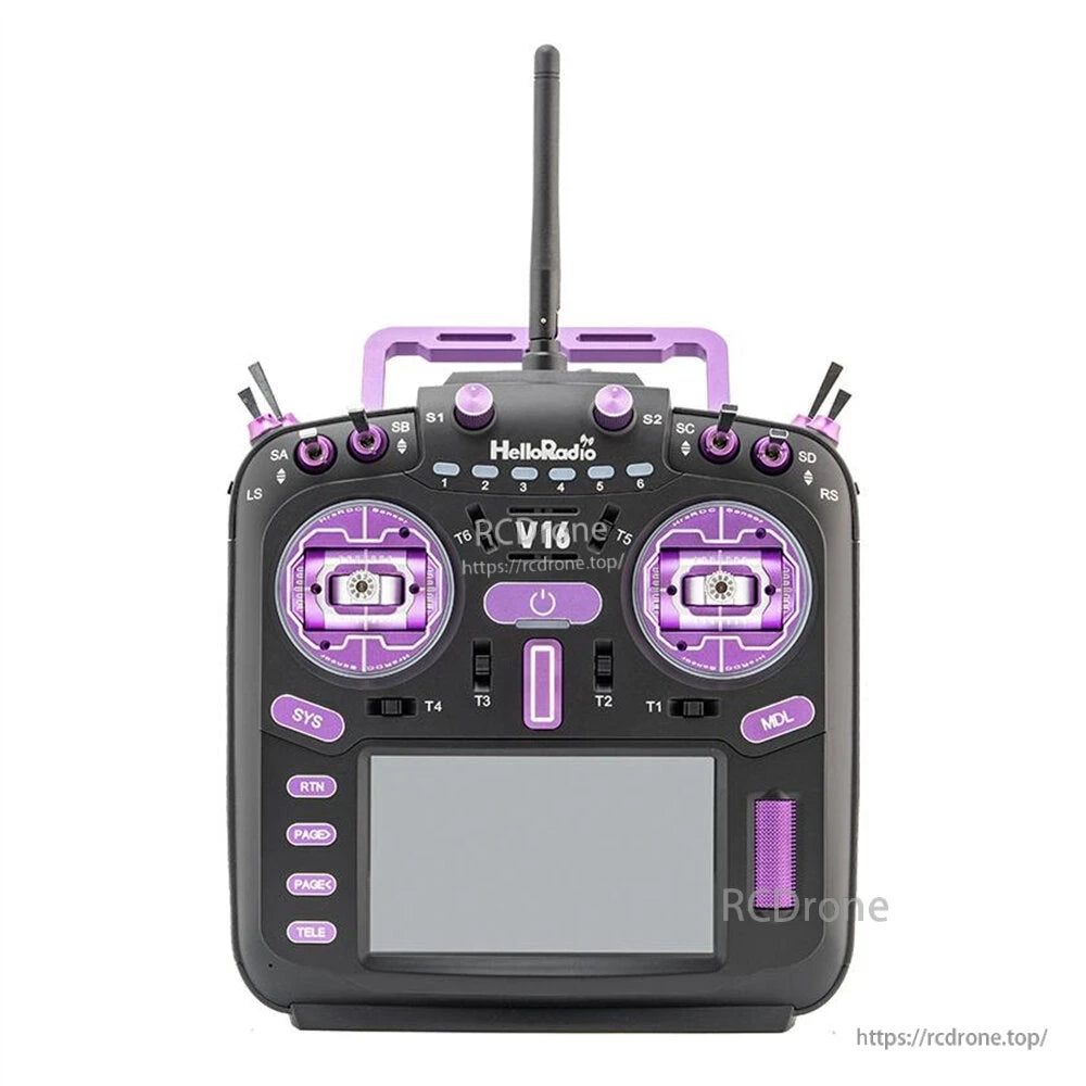V16R radio transmitter front view, purple accents, labeled buttons and gimbal layout