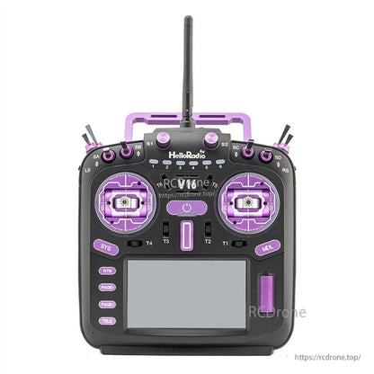 V16R radio transmitter front view, purple accents, labeled buttons and gimbal layout
