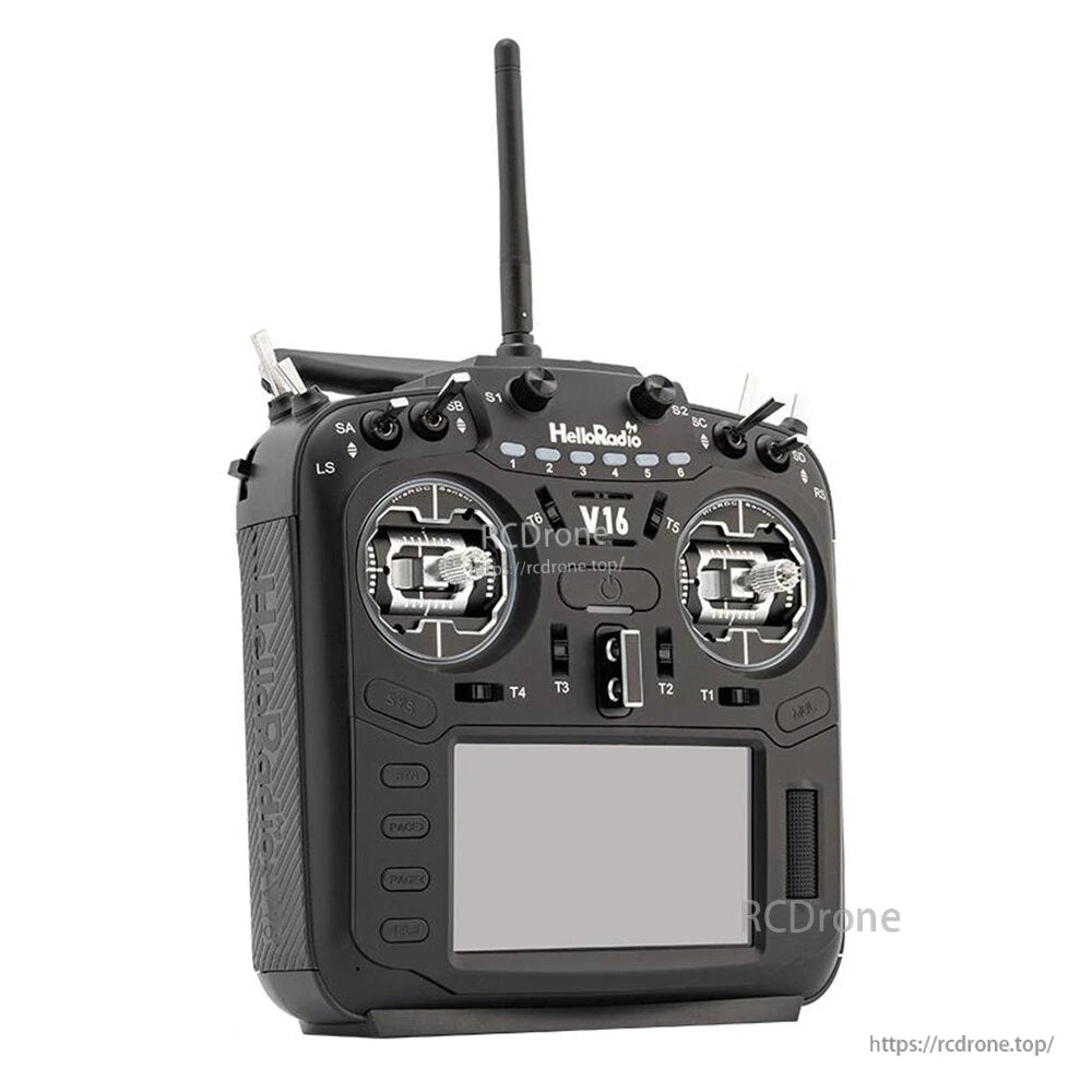 Angled right-front view of HelloRadio V16 radio transmitter with black gimbals and full switch layout