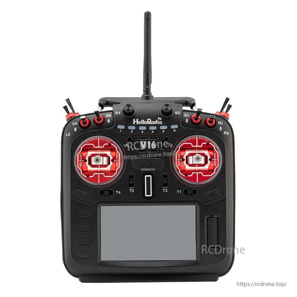 HelloRadioSky V16 radio controller front view with red gimbal sticks and large touch screen area