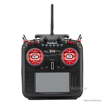 HelloRadioSky V16 radio controller front view with red gimbal sticks and large touch screen area