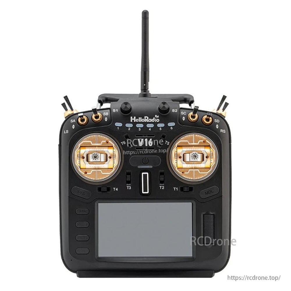 HelloRadio V16 transmitter front view with gold gimbals, switches, and antenna on top