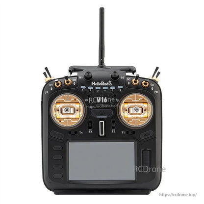 HelloRadio V16 transmitter front view with gold gimbals, switches, and antenna on top