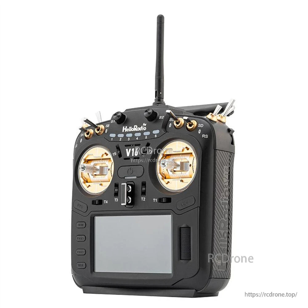 Angled left-front view of HelloRadio V16 radio transmitter showing side grip texture and gold gimbals