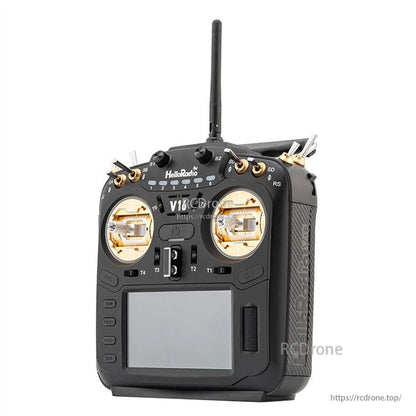 Angled left-front view of HelloRadio V16 radio transmitter showing side grip texture and gold gimbals