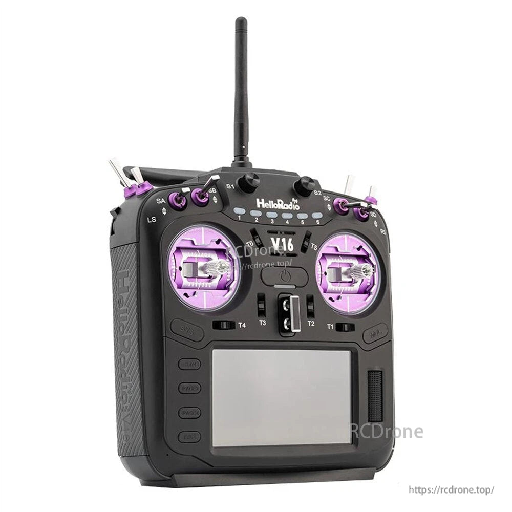 Angled left-front view of HelloRadio V16 transmitter with purple gimbals and top switches visible