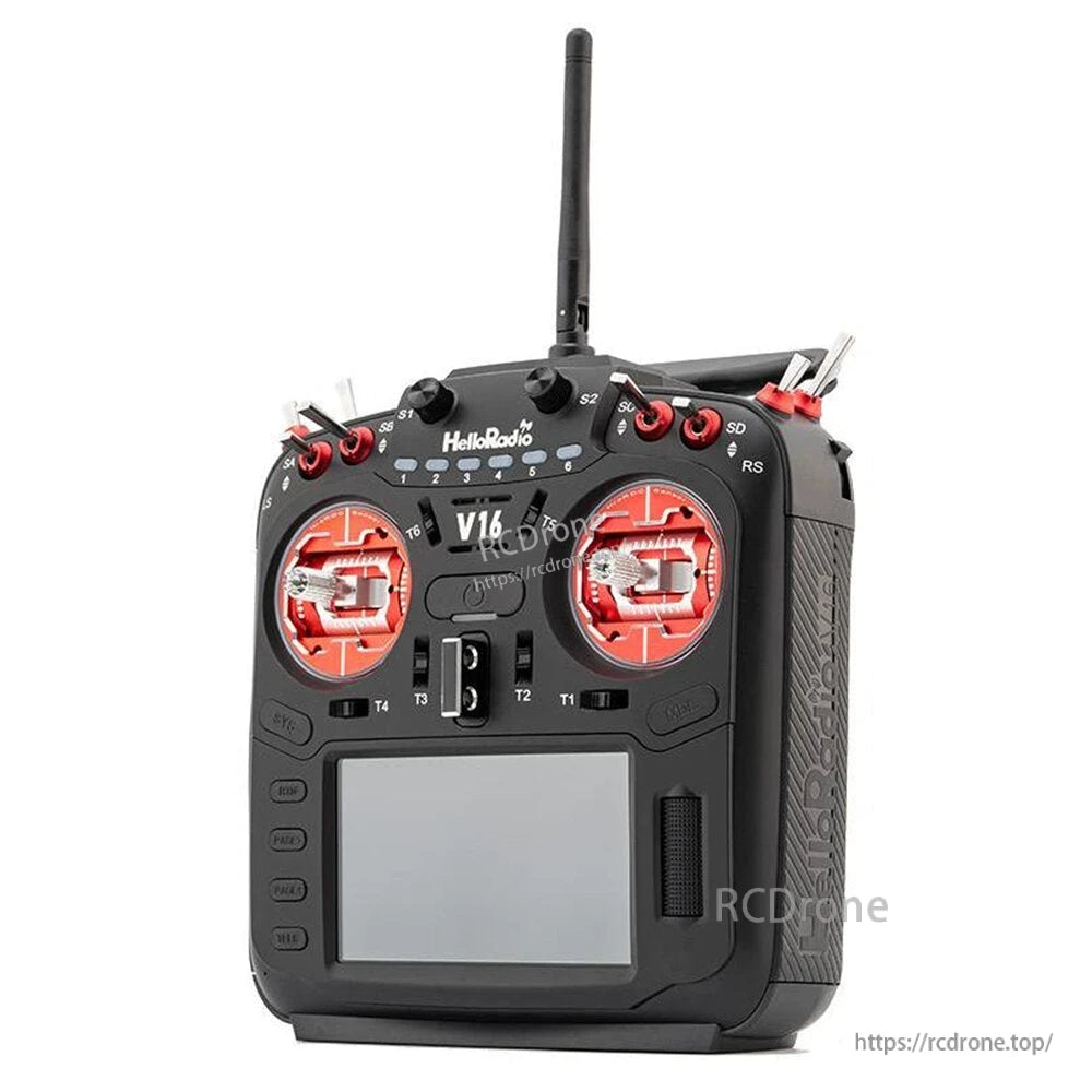 Angled right-front view of HelloRadio V16 controller with red gimbals, antenna, and side grip