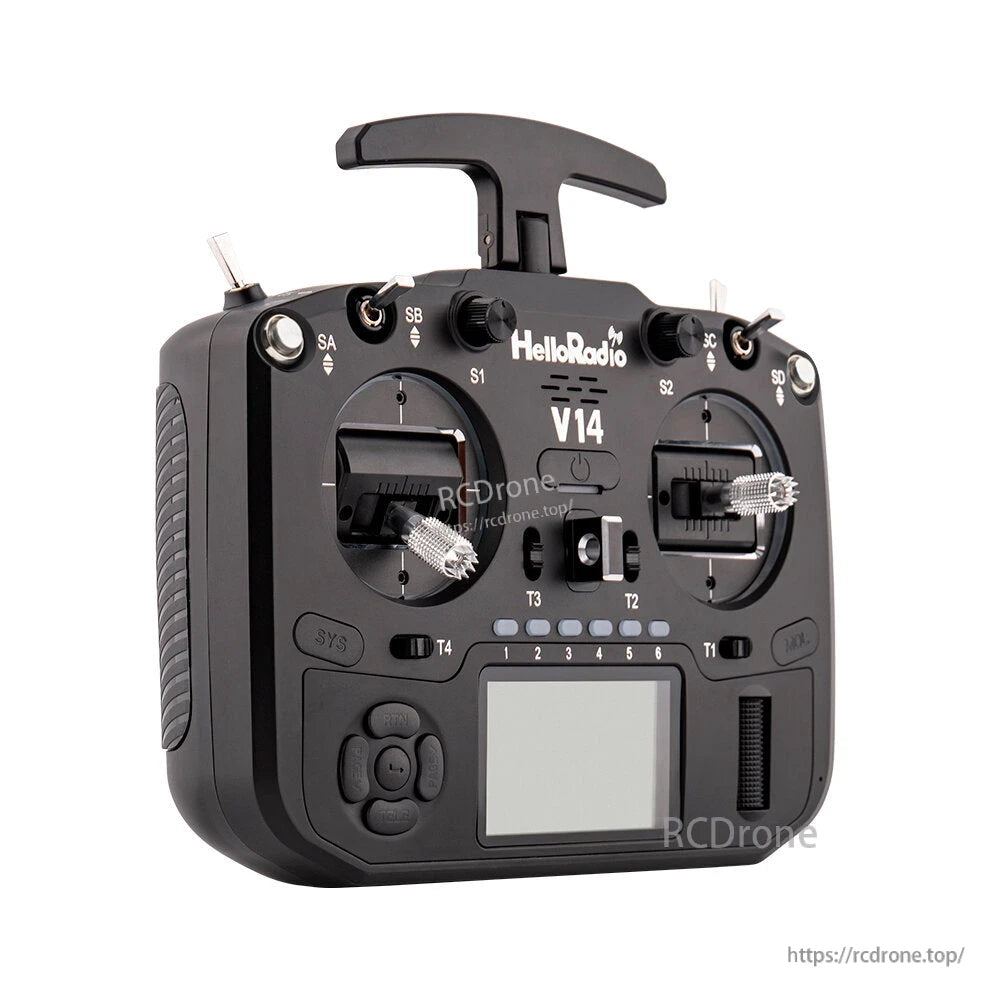 HelloradioSky V14 transmitter angled front view highlighting top switches, carry handle, and control buttons