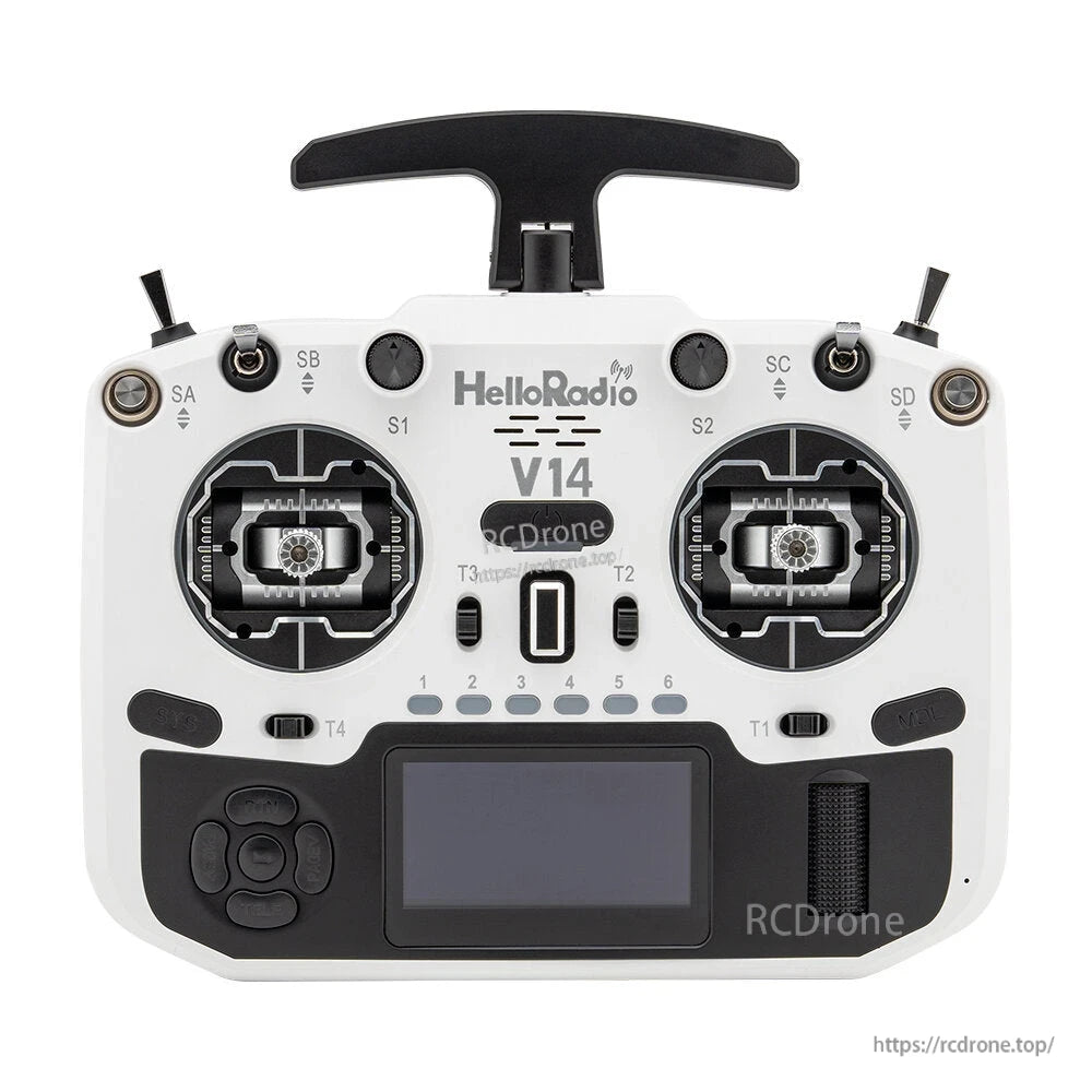 HelloradioSky V14 MAX transmitter front view in white/black colorway with gimbals, switches, and display