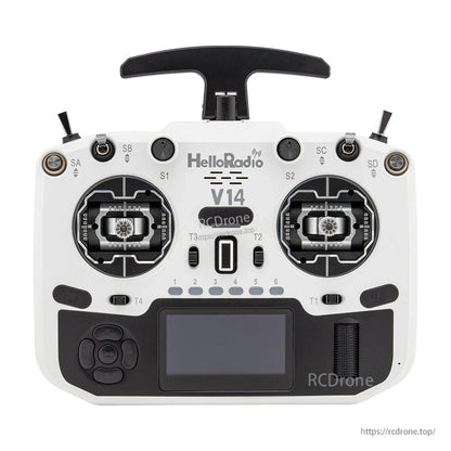 HelloradioSky V14 MAX transmitter front view in white/black colorway with gimbals, switches, and display