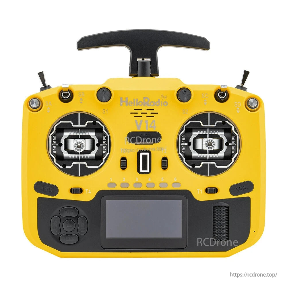 HelloradioSky V14 MAX 2.4GHz radio controller in yellow and black, front view with switches and screen