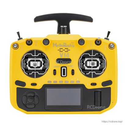 HelloradioSky V14 MAX 2.4GHz radio controller in yellow and black, front view with switches and screen