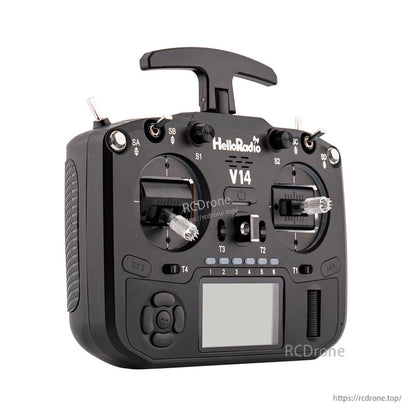 Three-quarter view of V14 radio controller showing side grip texture, control sticks, and front LCD panel