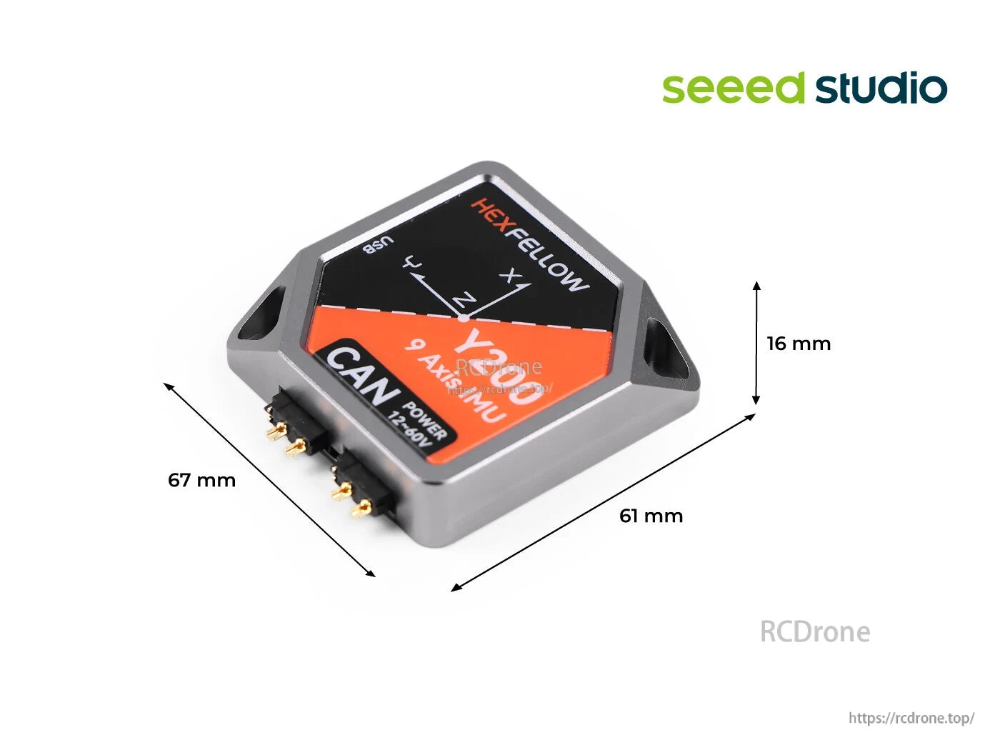 Hexfellow Y200: 9-axis IMU, CAN interface, 12-60V, 200 Hz, -20°C to 85°C, compact 67×61×16 mm design.