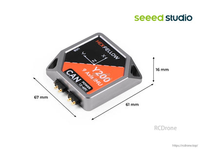 Hexfellow Y200: 9-axis IMU, CAN interface, 12-60V, 200 Hz, -20°C to 85°C, compact 67×61×16 mm design.