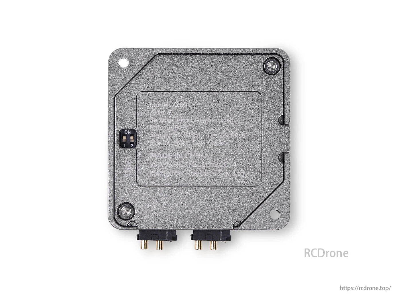 Hexfellow Y200: 9-axis IMU, 200Hz, 5V/12–60V, CAN/USB, sensors for accel/gyro/mag, -20℃~85℃, 60×60×15mm, China-made.