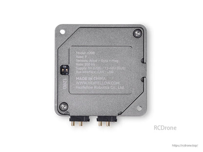 Hexfellow Y200: 9-axis IMU, 200Hz, 5V/12–60V, CAN/USB, sensors for accel/gyro/mag, -20℃~85℃, 60×60×15mm, China-made.