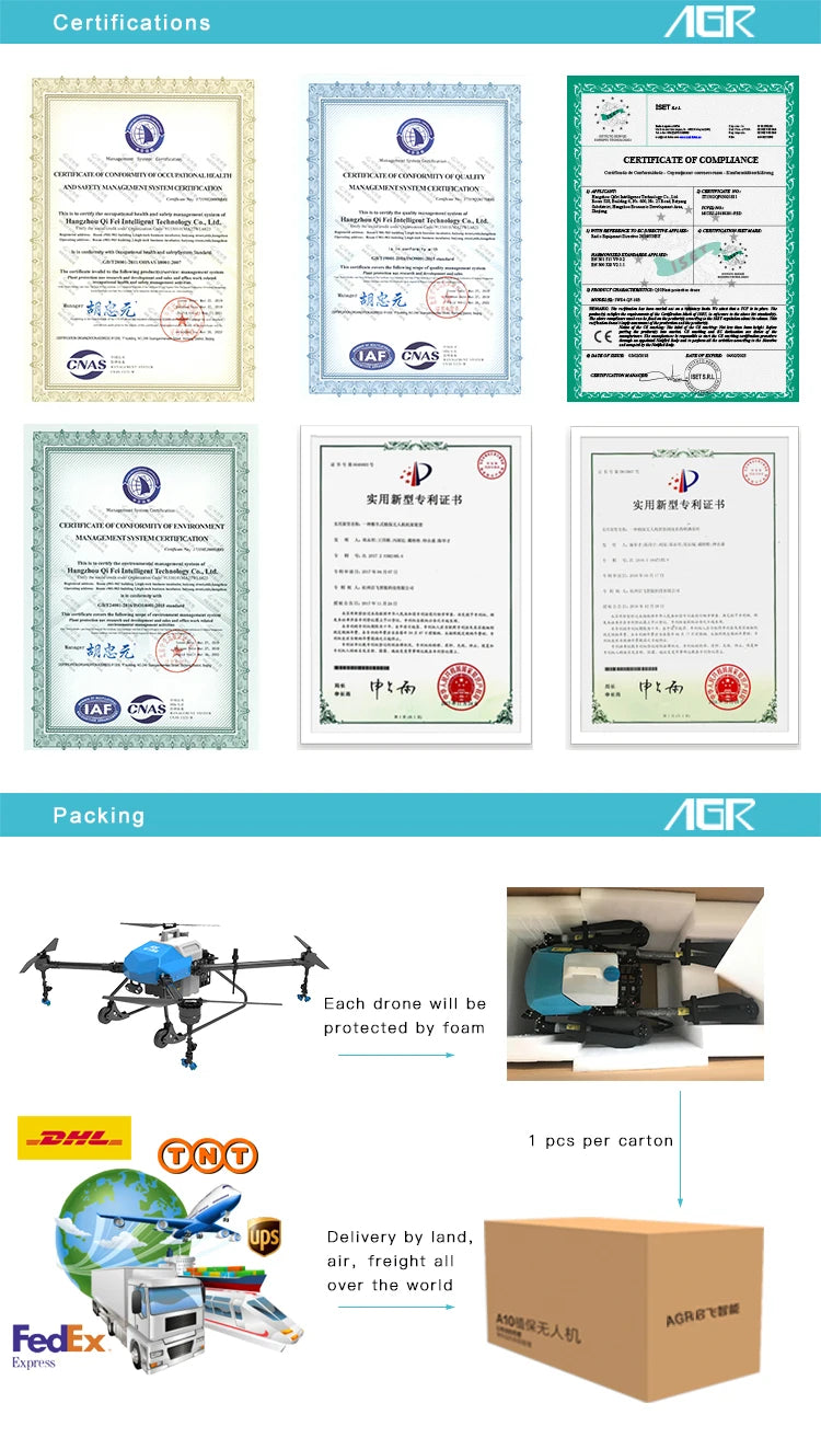 AGR A10 10L Agriculture Drone, each drone will be protected by foam 7eL pcs per carton CQO