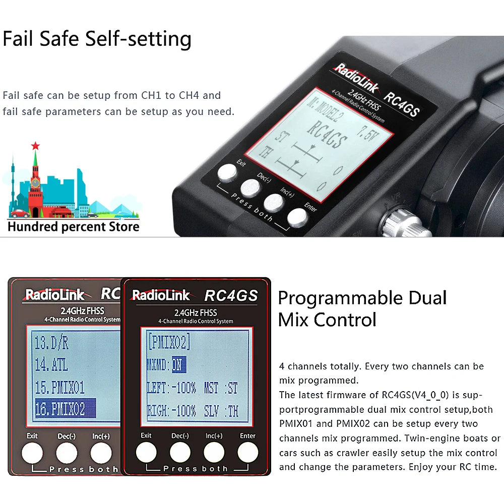 RadioLink RC4GS V3, auto-setting Fail safe can be setup from CHl to CH4 and fail safe parameters
