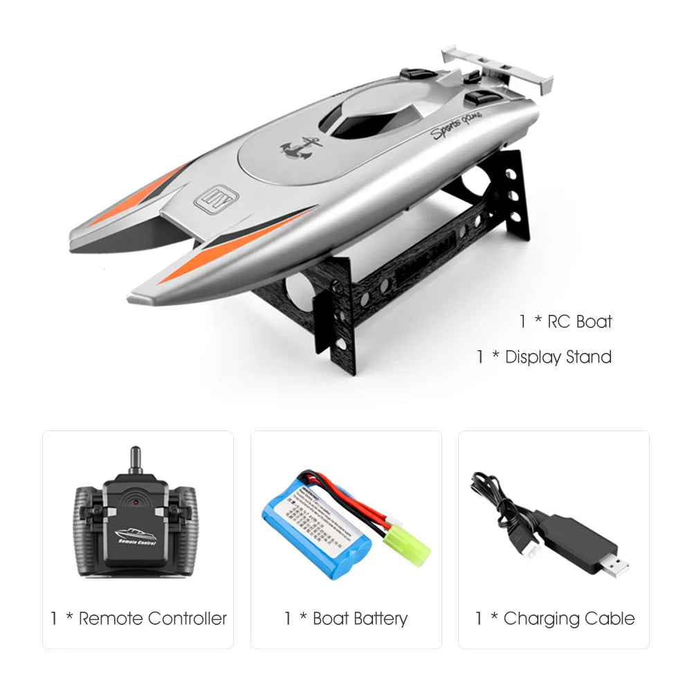 CONUSEA 805 RC Boat, High-speed RC boat: 30KM/H, 2.4GHz remote, waterproof, 20–25min runtime, 80–100m range; includes battery, charger, display stand.