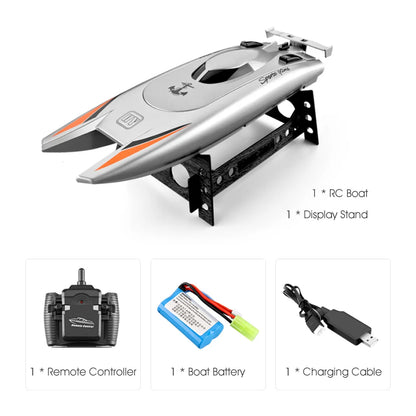 CONUSEA 805 RC Boat, High-speed RC boat: 30KM/H, 2.4GHz remote, waterproof, 20–25min runtime, 80–100m range; includes battery, charger, display stand.