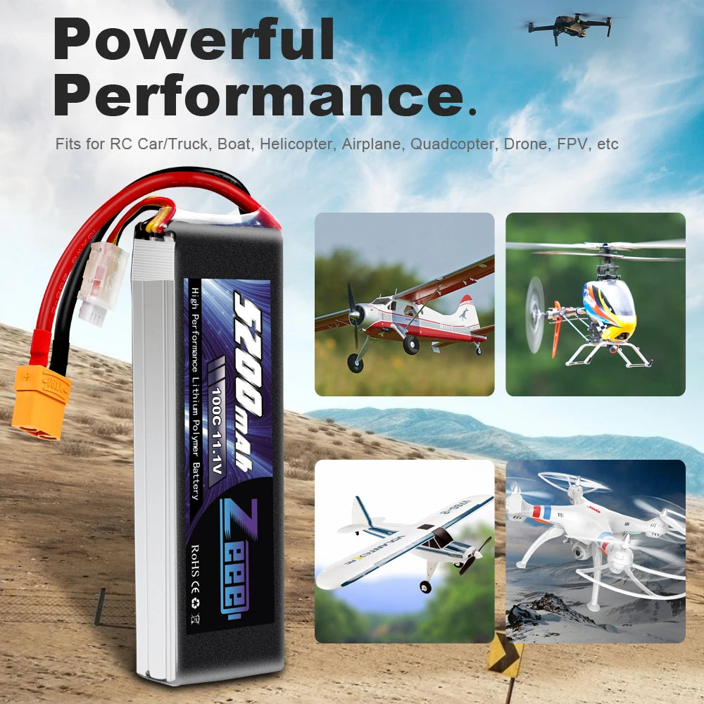 Zeee 5200mAh 100C 11.1V 3S Lipo Battery, Powerful Performance. Fits for RC Car/Truck, Boat; Helicopter