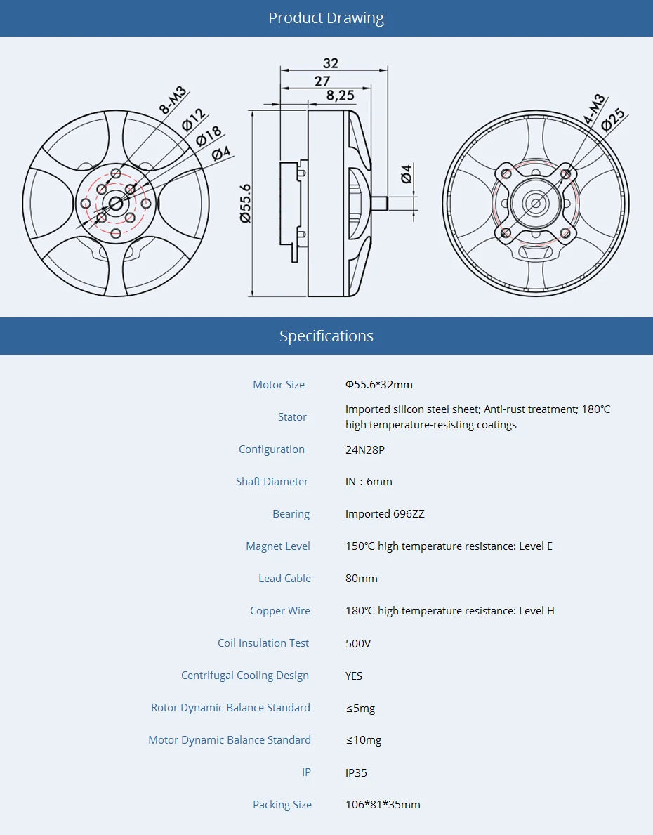 T-motor, 055.6*32mm Imported silicon steel sheet; Anti-rust treatment; 1809