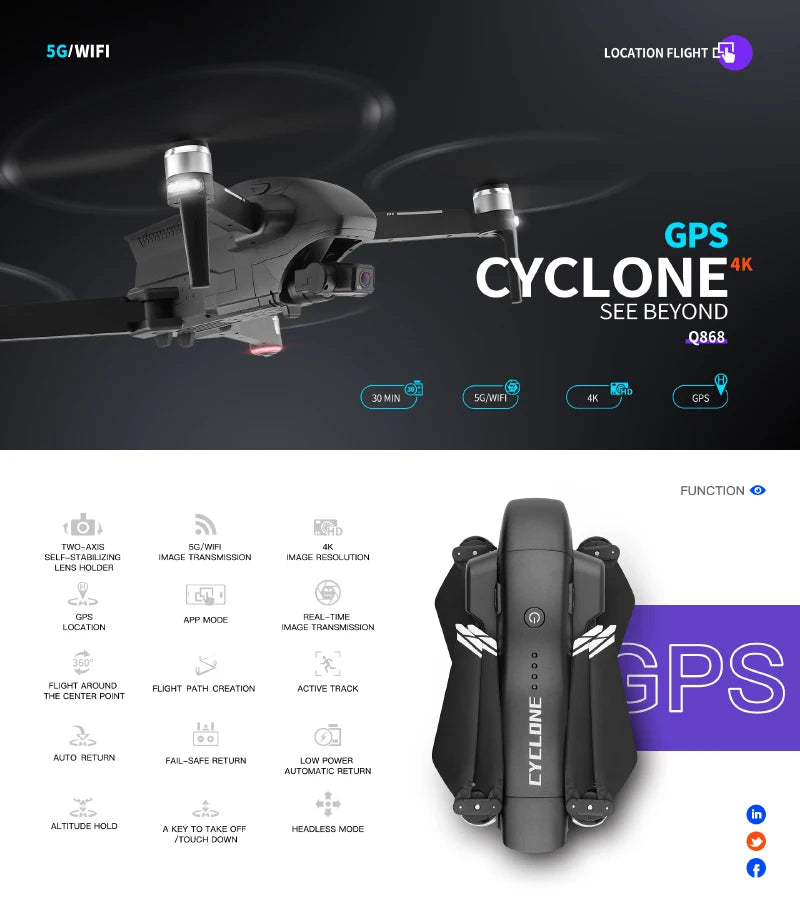 XK Q868 Drone, SG/WIFI LOCATION FLIGHT GPS 4K CYCLONE SEE