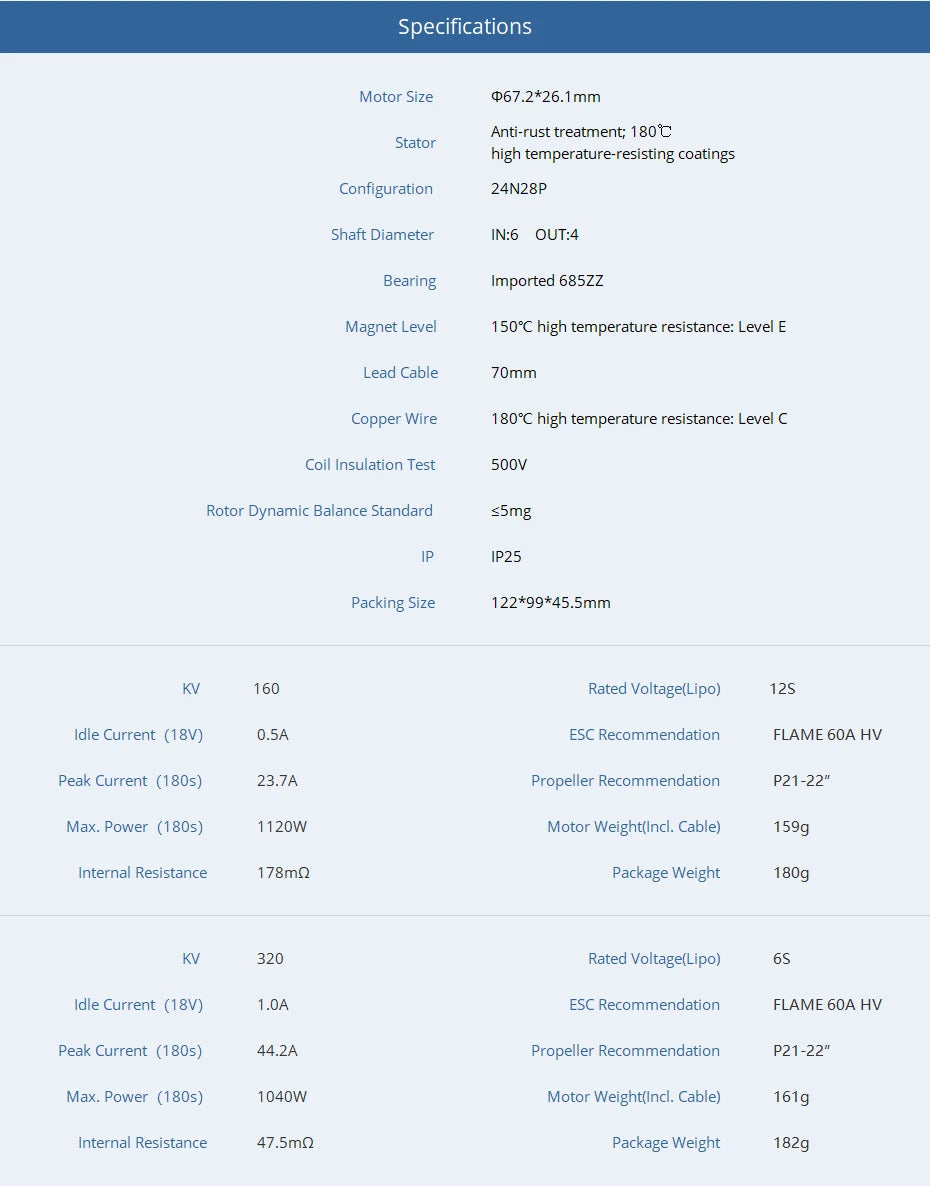 T-MOTOR MN6007II KV160 KV320 Brushless Motor - Max Thrust 6.5kg Long Flight Time Super Light Efficient For VTOL Drone 13 T-MOTOR, Specifications Motor Size 067.2*26.1mm Anti-rust treatment; 1808 Stator