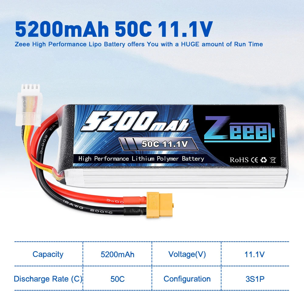 Zeee 3S Lipo Battery, 5200mAh 50c 11.1V Zeee High Performance Lipo Battery offers HUGE