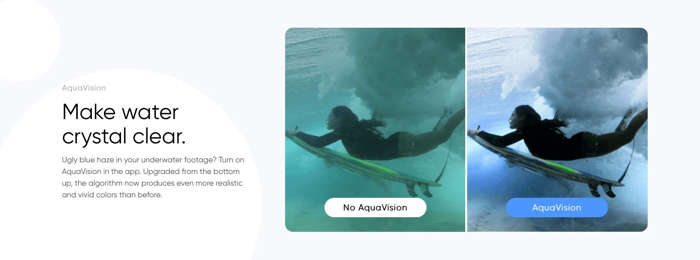 Insta360 GO Small Action Camera Light Weight Waterproof Stabilization POV Capture With Charge Case Wearable Camera Accessories 20 AquaVision's algorithm now produces even more realistic and vivid colors than before . AquaVision