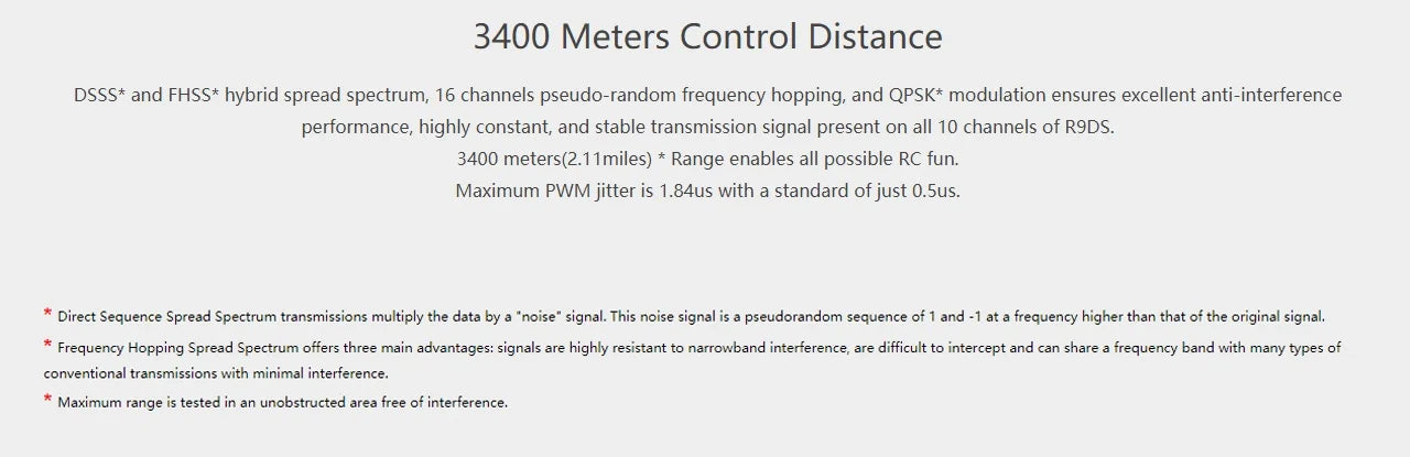3400 meters(2.11miles) Range enables all possible RC fun .