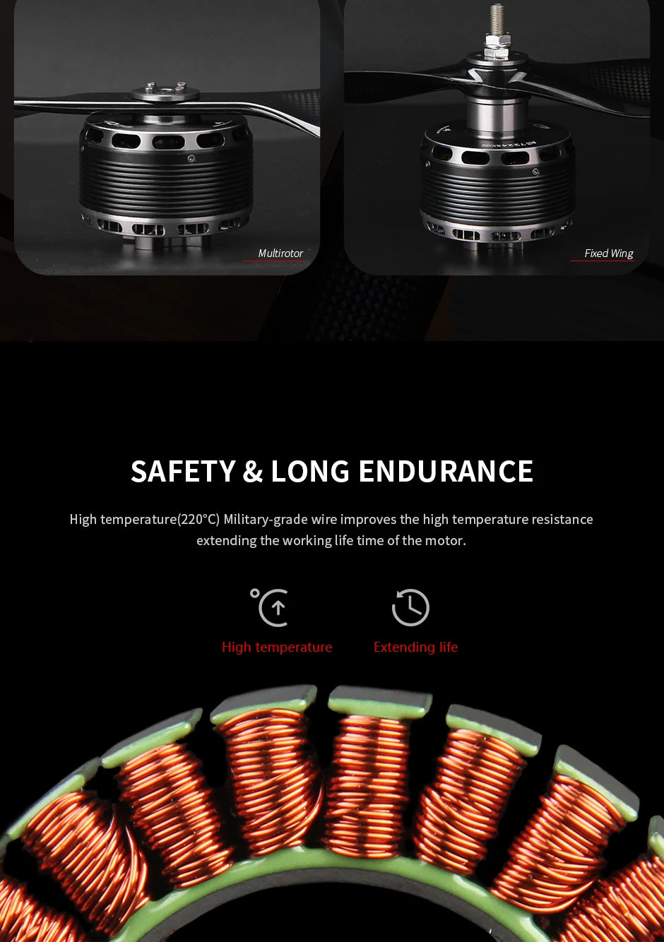 T-motor AT7224 KV160 KV190 18KG Thrust Long Shaft Brushless Motor For Fixed Wing Drone 8 T-motor, Military-grade wire improves the high temperature resistance extending the workinglife of the motor