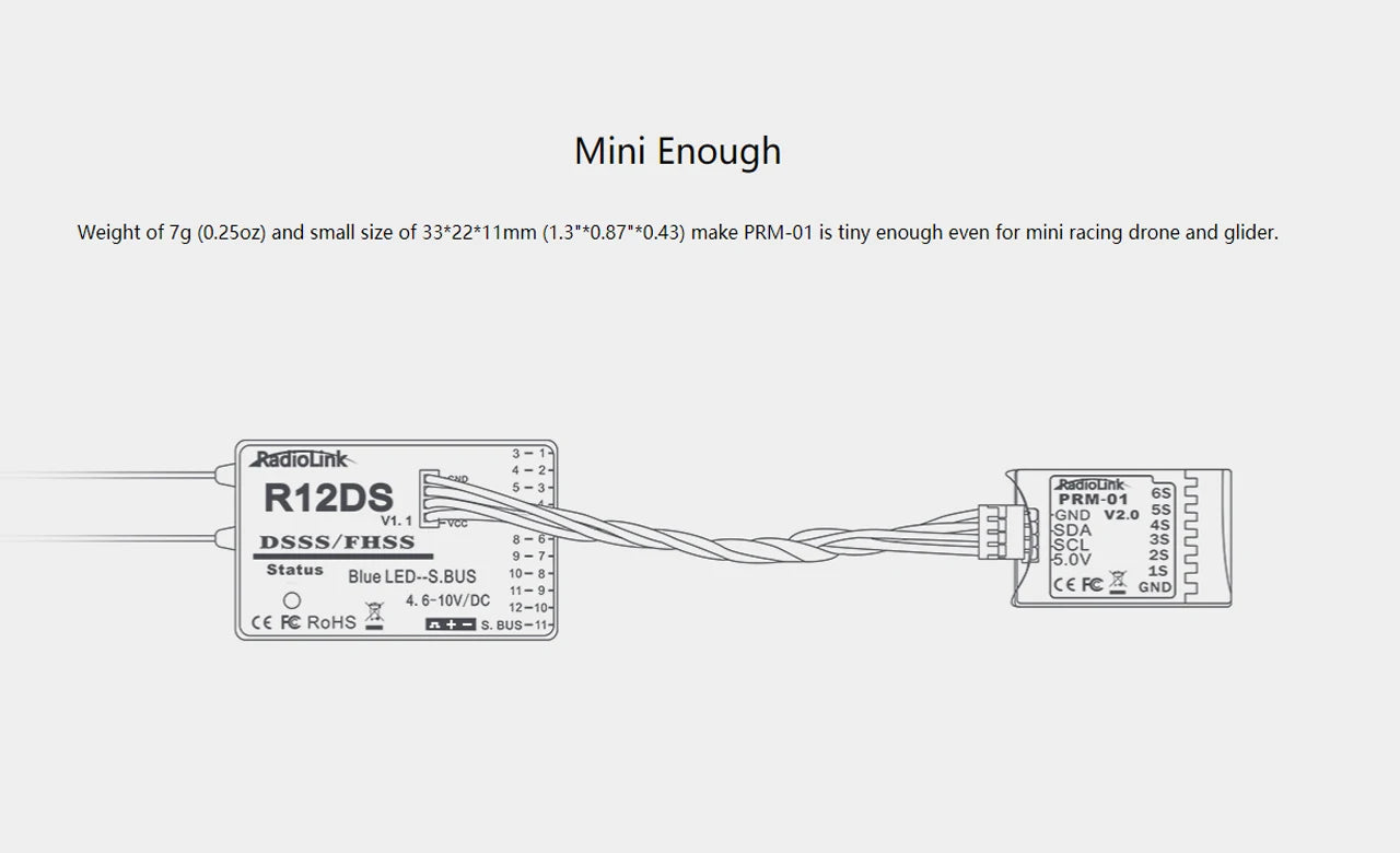 Radiolink mini osd R12DSM R9DS R8FM R8EF R8FM R6DSM R6FG R8SM R7FG SUI04 Rc Receiver 2.4G Signal for RC Transmitter 19 Mini Enough Weight of 7g (0.2502) and small size of 33*22*