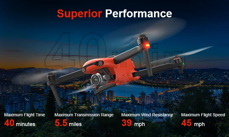 Autel evo II pro, Superior Performance Maximum Flight Time Maximum Transmission Range Maximum Wind Resistance Maximum Flight Speed 40 minutes 5.5 miles