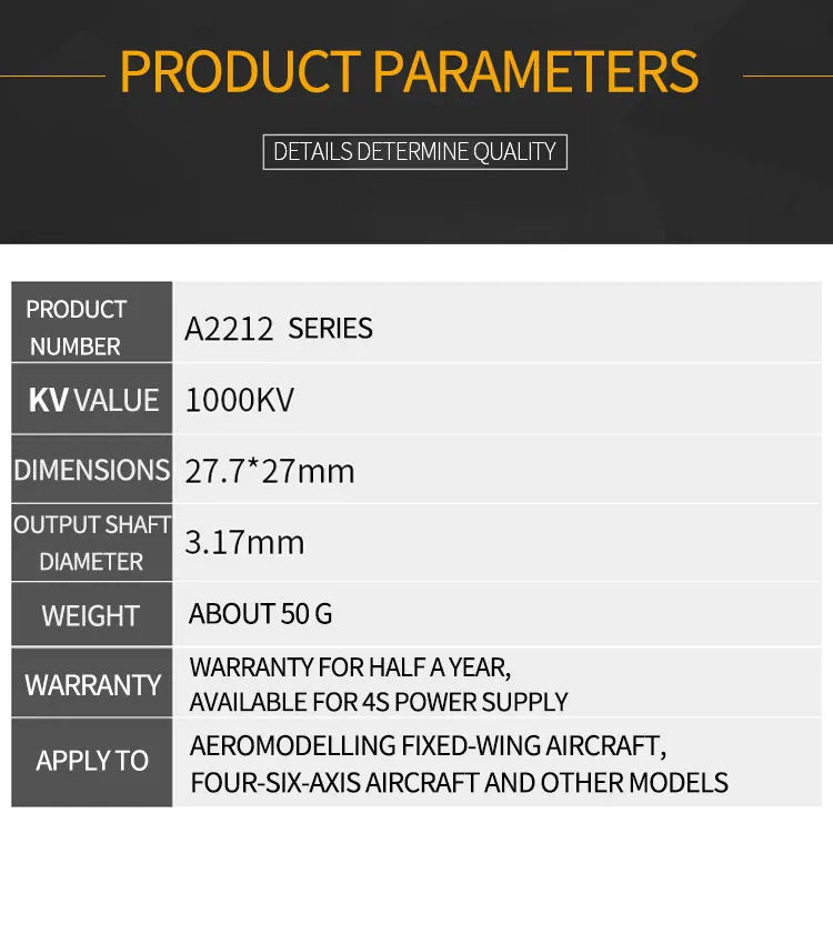 5PCS XXD A2212 2212 A2208 2208 930KV 1000KV 1400KV 2200KV 2450KV 2700KV Brushless Motor for RC Airplane Fixed-Wing Drones 14 PRODUCT PARAMETERS DETAILS DETERMINE QUALITY PRO