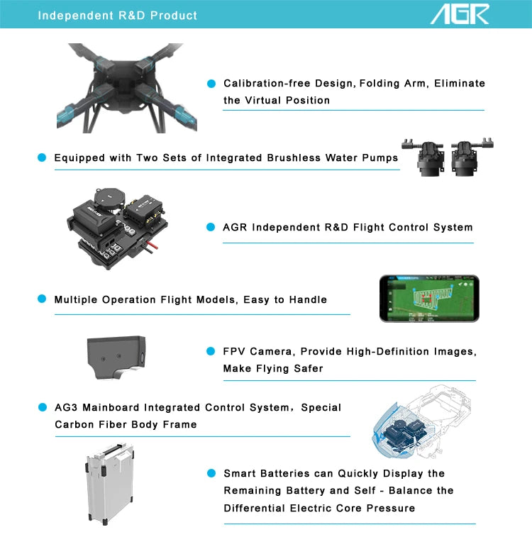 AGR Q10 10L Agriculture Drone 11 AGR Q10 10L Agriculture Drone, AGR Calibration-free Design, Folding Arm, Eliminate the Virtual Position