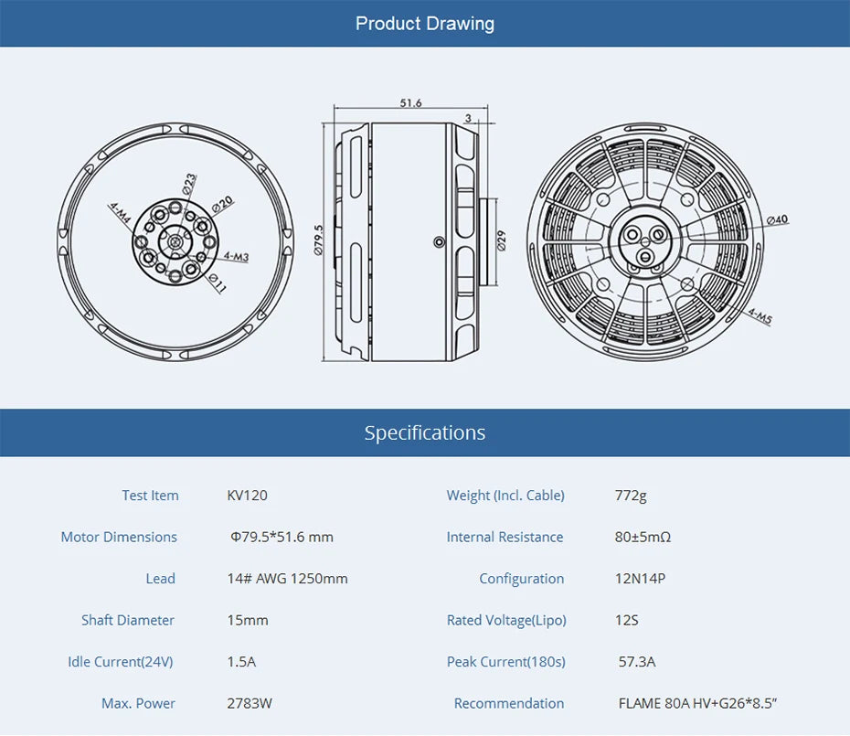 T-MOTOR U11 II KV120 Heavy Lift Drone motors brushless motor for 100kg payload drone 14 T-MOTOR, KV120 Weight (Incl. Cable) 772g Motor Dimensions 079.5