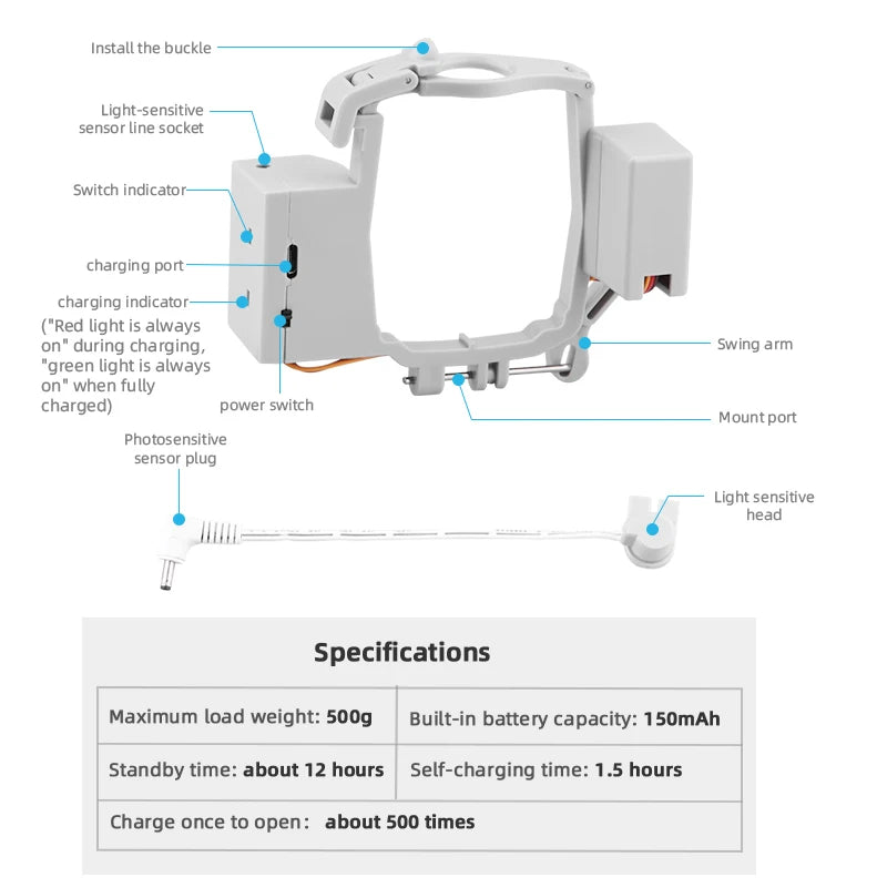 the buckle Light-sensitive sensor line socket Switch indicator charging charging indicator- 'Red light