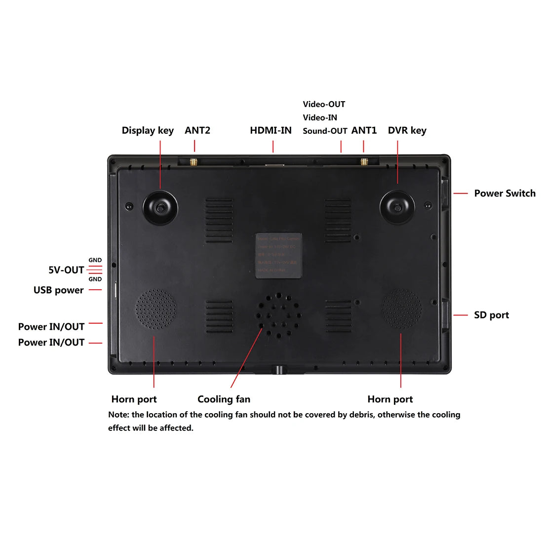 Hawkeye Little Pilot High Bright Screen FPV Monitor - Dual Receiver DVR 1280×720 10.2 inch1000lux 5.8GHz Display 3S-6S For FPV RC Racing Drone 12 Hawkeye Little Pilot High Bright Screen, the location of the cooling fan should not be covered by debris, otherwise the cooling effect will be