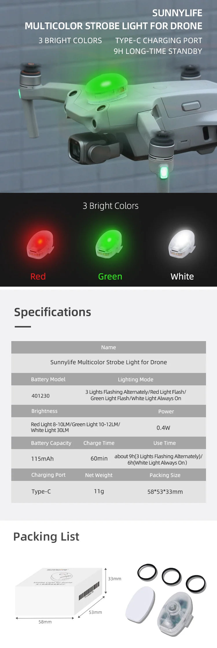 Sunnylife Multicolor Strobe Light for Drone 3 Bright Colors Red Green White Specifications