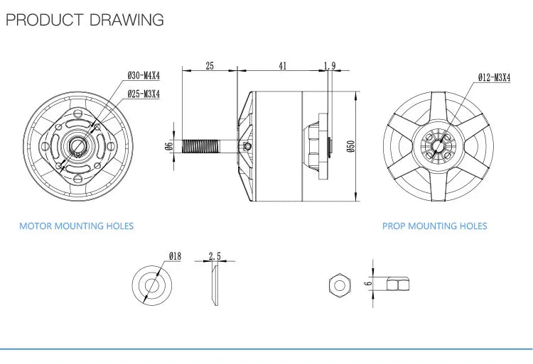 MAD Polar XC5000 X Class Drone Motor, Motor mounting holes and propeller mounting holes on MAD Polar XC5000 drone motors for easy assembly.