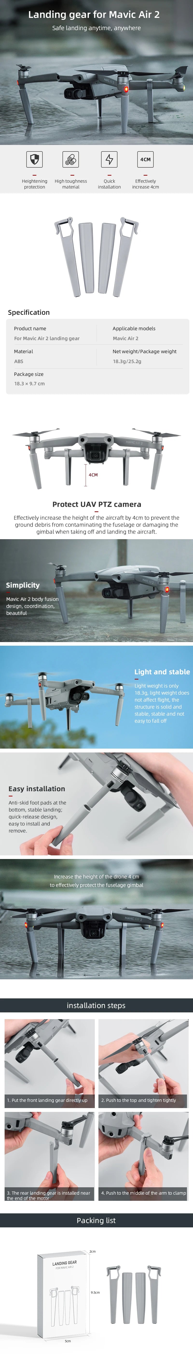 Extensions Landing Gear for DJI Mavic Air 2/2S Drone Extended Leg Quick Release Support Protector for Mavic air 2S Accessories 29 Extensions Landing Gear, 'light weight does not affect flight; the stnuictuun solid