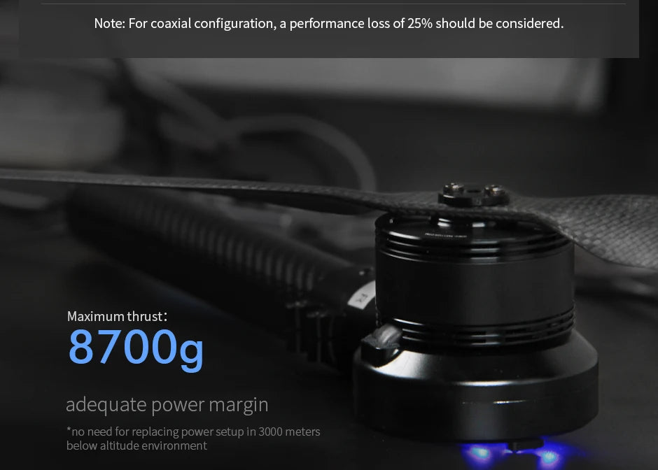 T-motor V505-S KV260 12S 8.7KG Thrust Powerful Outrunner Brushlees Motor for UAV Drone Helicopter 8 T-motor, performance loss of 25% should be considered for coaxial configuration . maximum thrust: 8700g