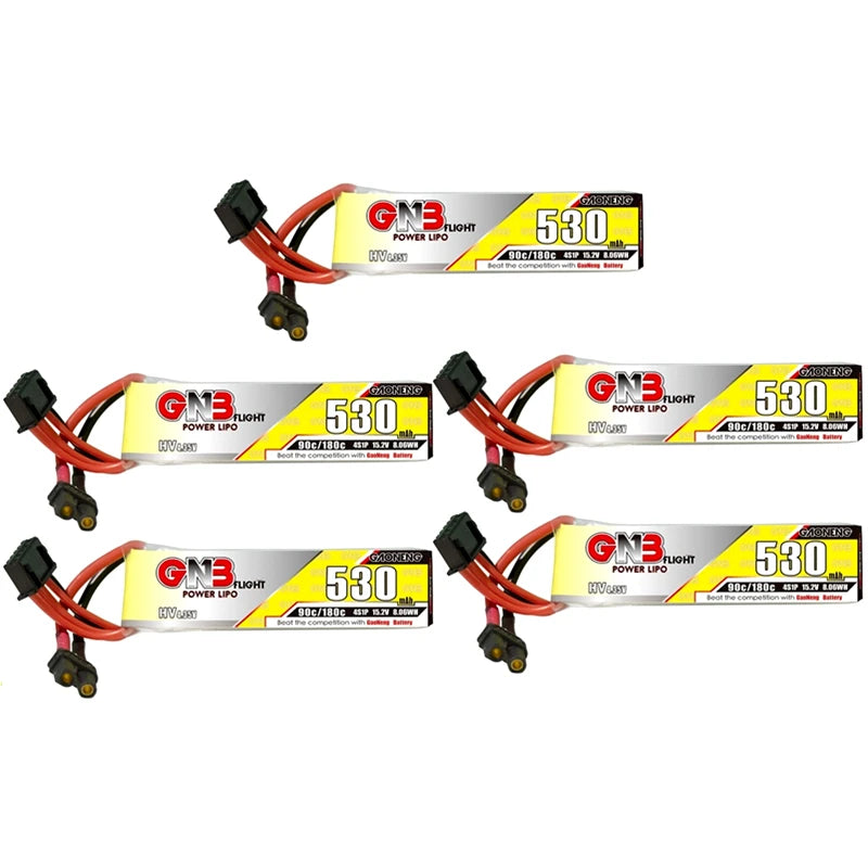 5 LiPo batteries in various capacities and voltages for RC FPV drone use, with universal connectors.