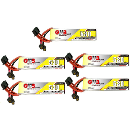 5 LiPo batteries in various capacities and voltages for RC FPV drone use, with universal connectors.