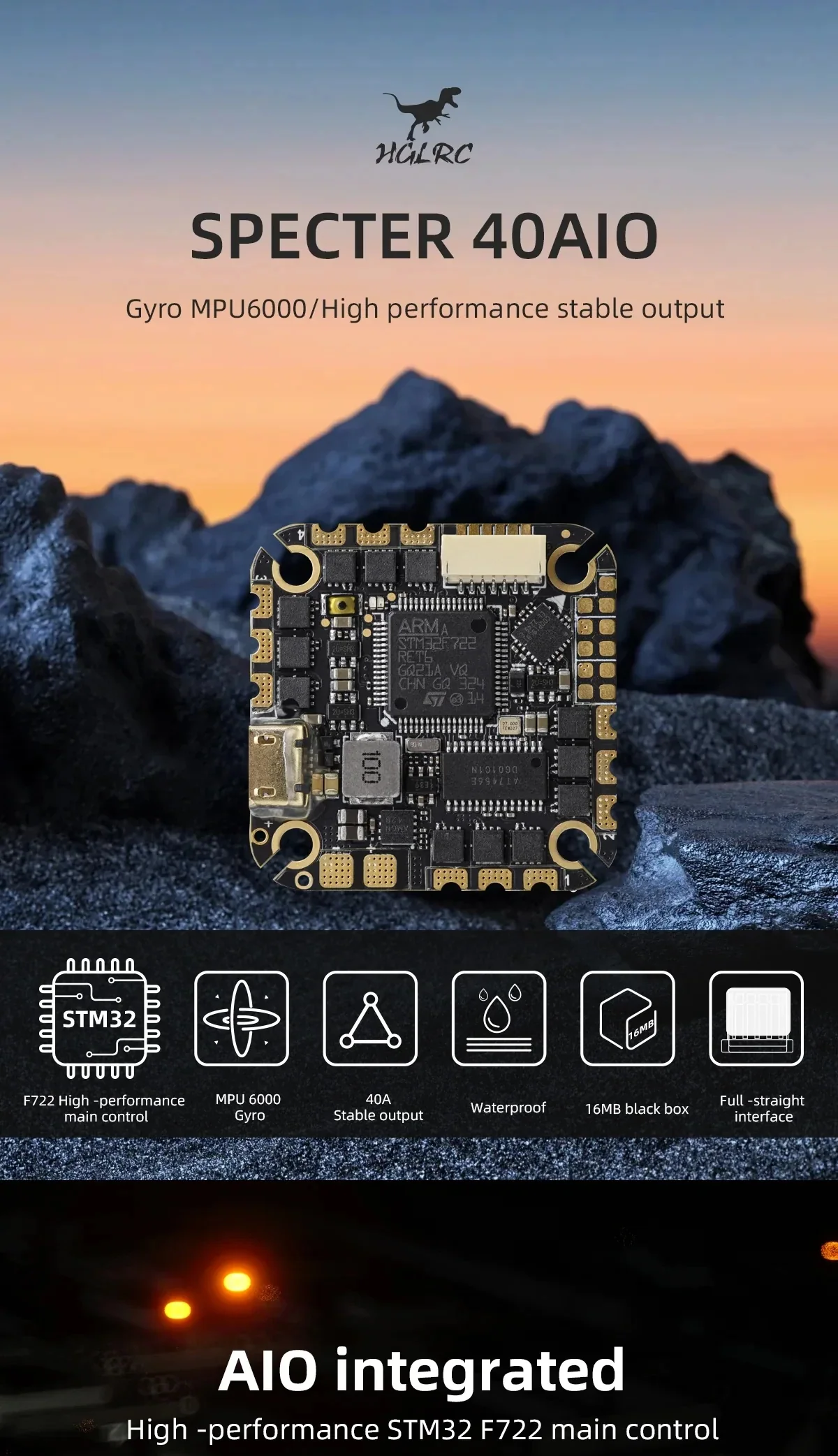 HGLRC Specter 40A 4-6S AIO Flight Controller board with STM32F722 MCU and MPU6000 gyro highlights