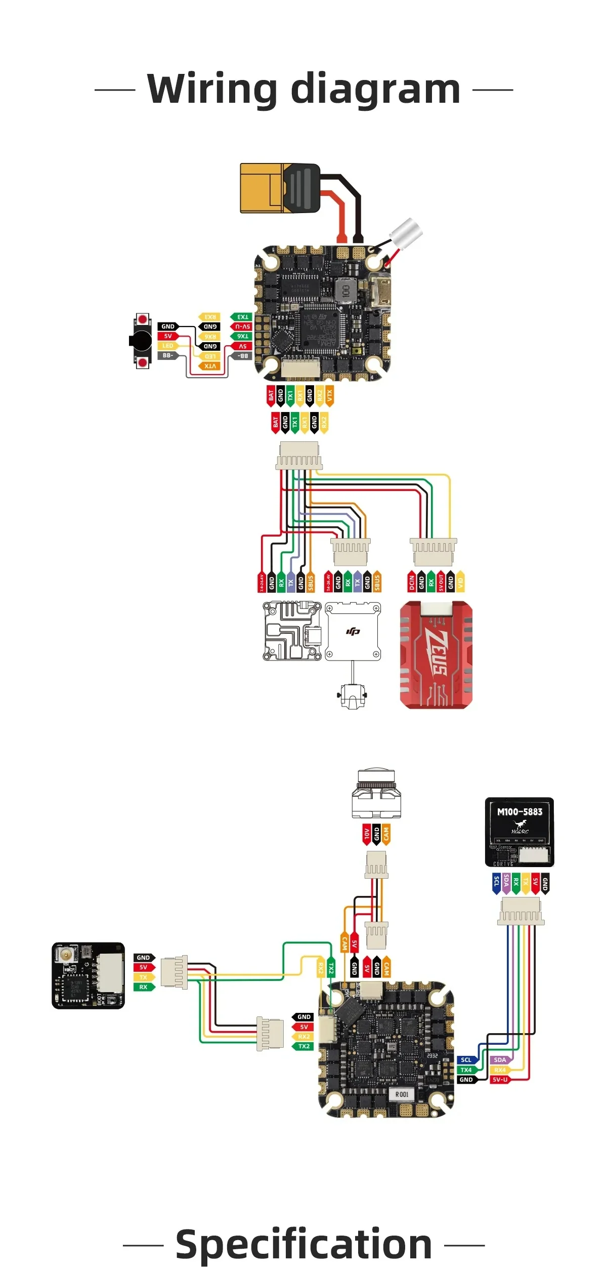Wiring diagram for Specter 40A 4-6S AIO flight controller showing power leads, camera/VTX plugs, receiver, and GPS wiring