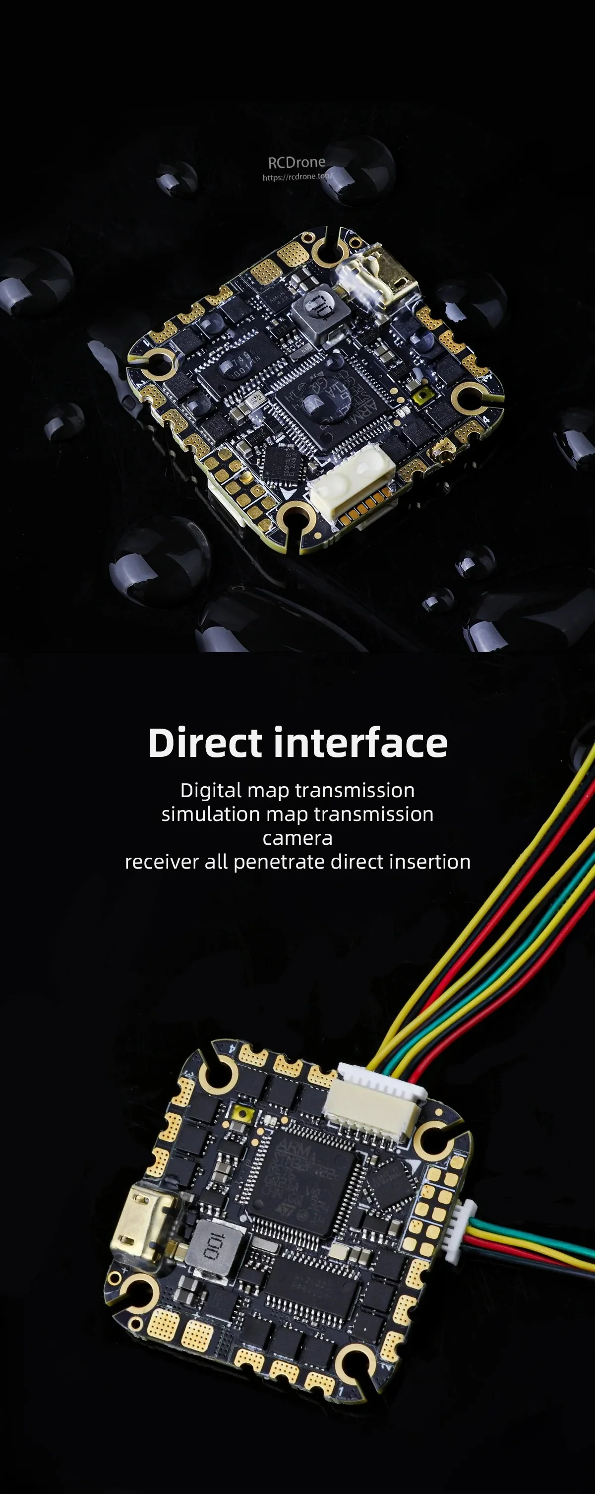 Angled view of the Specter 40A AIO showing direct plug-in connectors for HD/analog VTX, camera, and receiver wiring